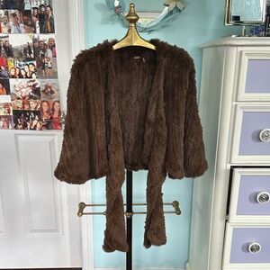 Max Studio Brown Knitted  Rabbit Fur Cape with a Tie Closure.